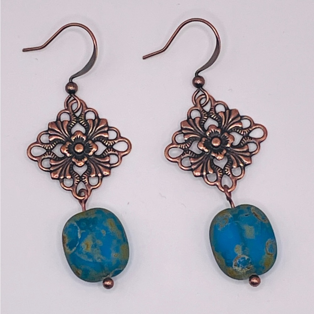 Caribbean Blue Czech Bead and Antique Copper accent charm